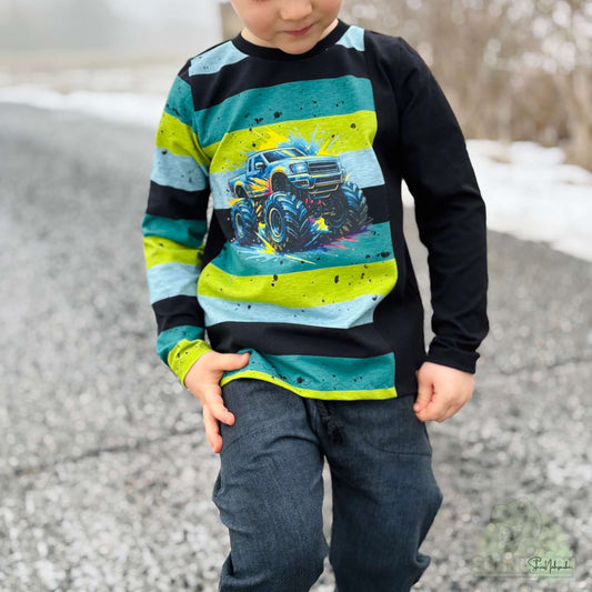 Bügelbild „Monstertruck türkis" – actionreiches Fahrzeugmotiv für kleine & große Abenteuer | Schnubsibu