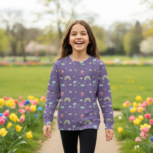 French Terry Stoff „Flowers and Rainbows lila“ – Blumen & Regenbögen auf Lila | Schnubsibu OEKO-TEX® Standard 100