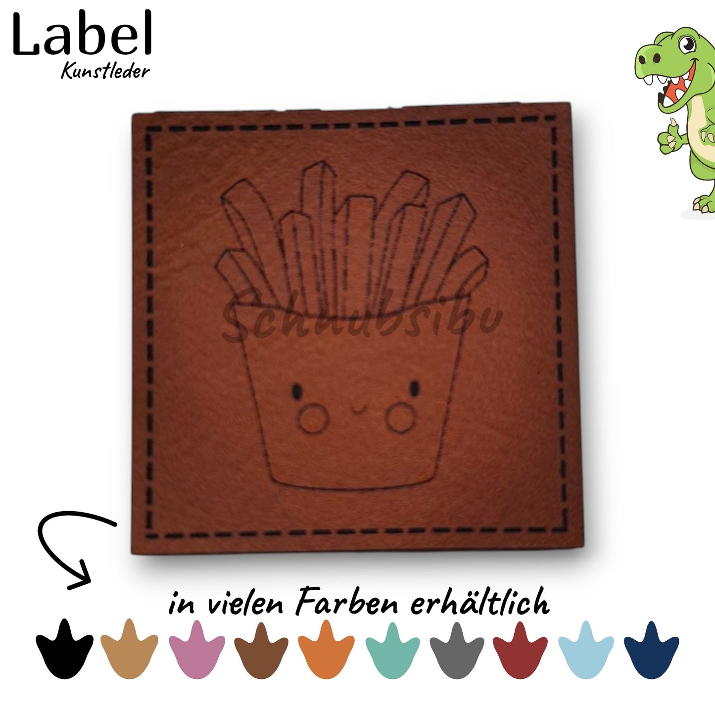 Kunstlederlabel „Pommes Fred" – hochwertiges Label in verschiedenen Farben zum Aufnähen für Kleidung & Accessoires | Schnubsibu