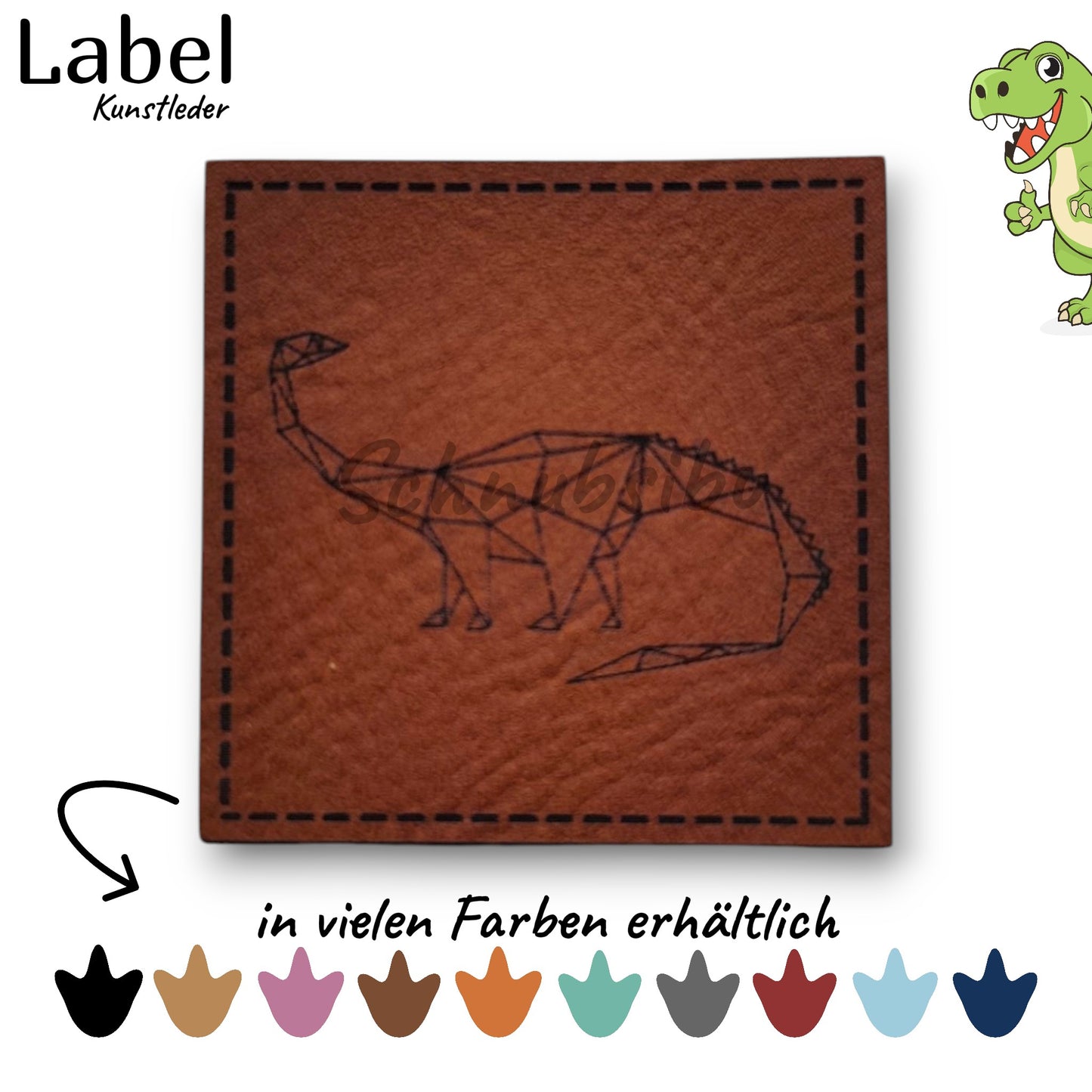Kunstlederlabel „Dinolines - Langhals" – hochwertiges Label in verschiedenen Farben zum Aufnähen für Kleidung & Accessoires | Schnubsibu