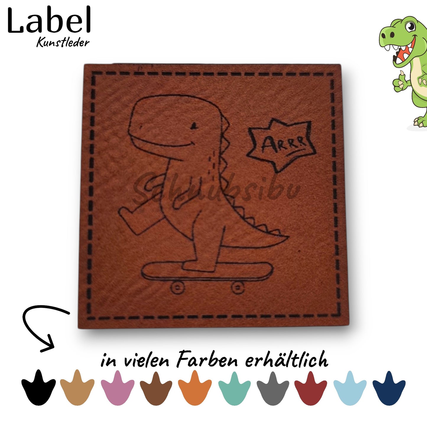 Kunstlederlabel „Dino Parts" – hochwertiges Label in verschiedenen Farben zum Aufnähen für Kleidung & Accessoires | Schnubsibu