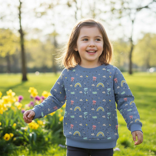 French Terry Stoff „Flowers and Rainbows blau“ – Blumen & Regenbögen auf Blau | Schnubsibu OEKO-TEX® Standard 100