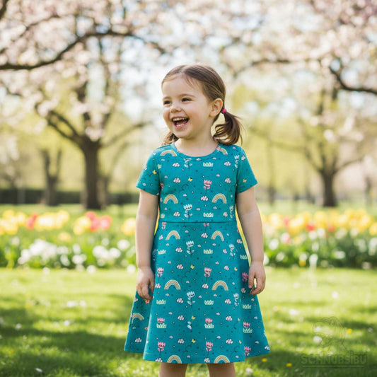 French Terry Stoff „Flowers and Rainbows grün“ – Blumen & Regenbögen auf Grün | Schnubsibu OEKO-TEX® Standard 100