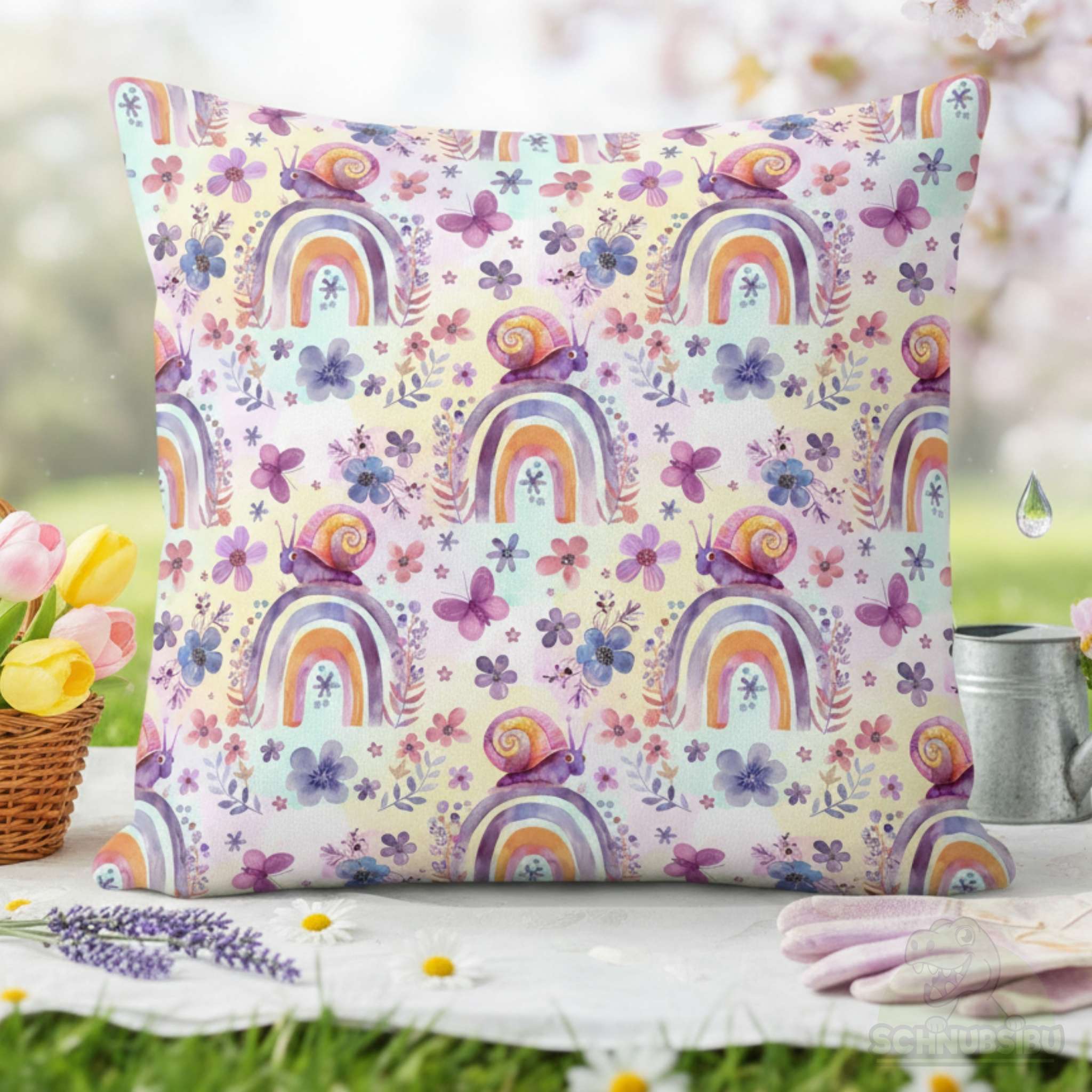 Vorbestellung Jersey Stoff „Regenbogenfrühling lila“ – Süße Schnecke auf einem Regenbogen | Schnubsibu  OEKO-TEX® Standard 100