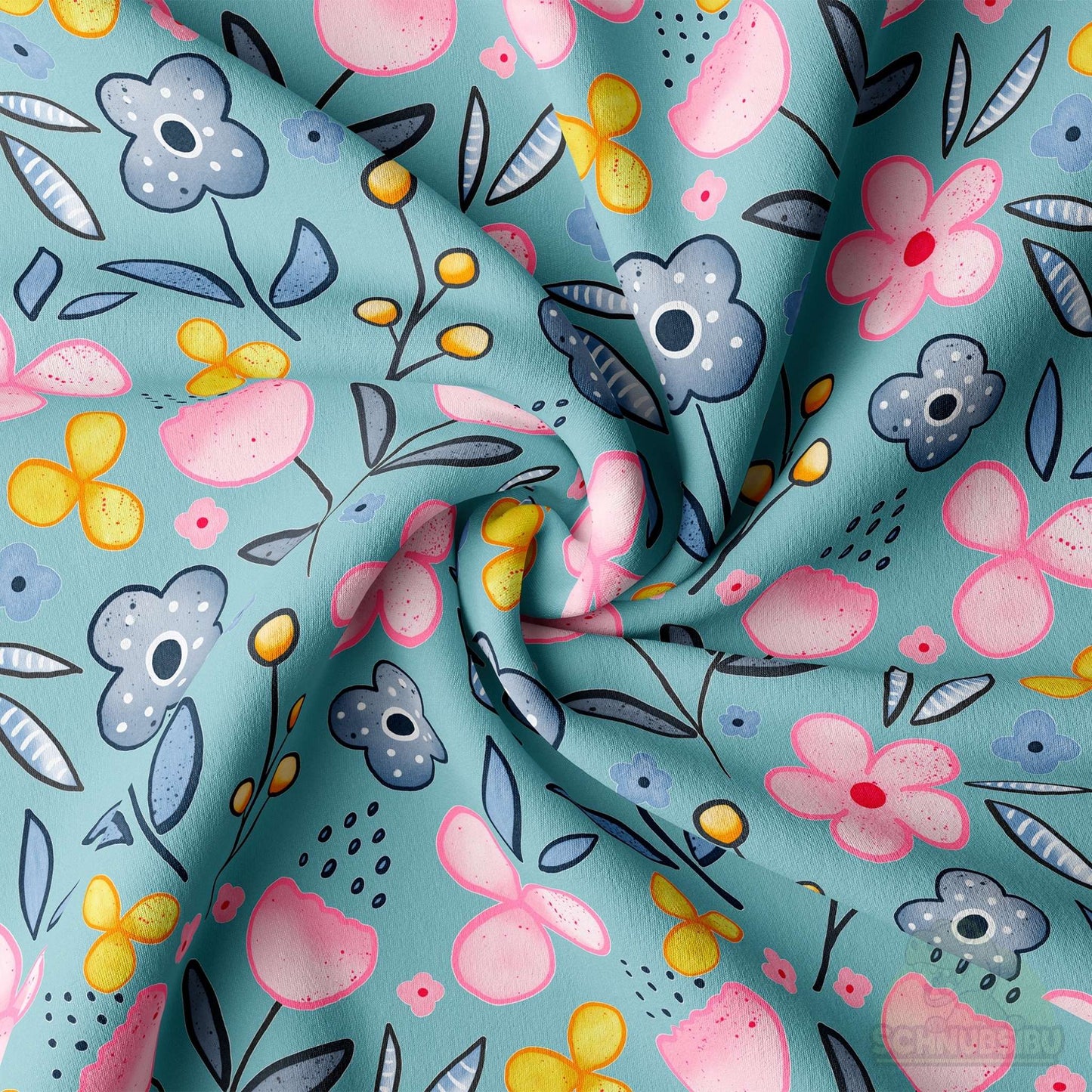 Vorbestellung Jersey Stoff „Spring Flowers türkis“ - frühlingsfrische Blüten auf sanftem Türkis | Schnubsibu OEKO-TEX® Standard 100