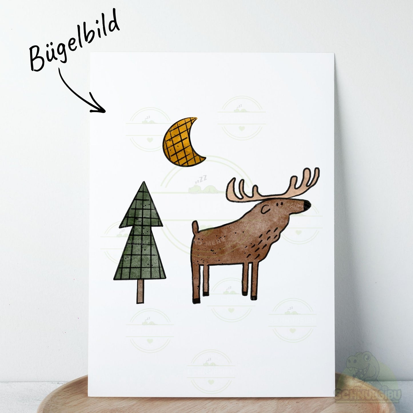 Bügelbild „Waldruf Elch, Tanne, Mond" – herbstliches Motiv zum Verlieben | Schnubsibu