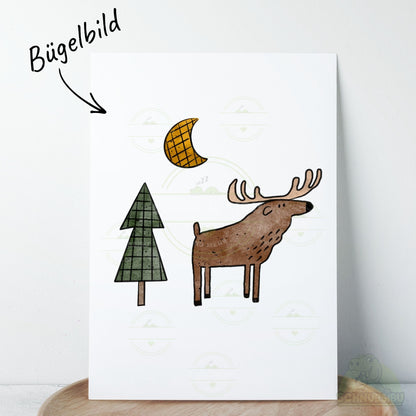 Bügelbild „Waldruf Elch, Tanne, Mond" – herbstliches Motiv zum Verlieben | Schnubsibu