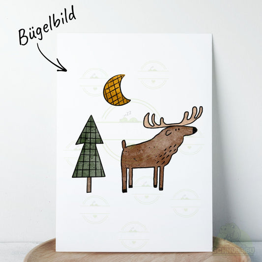 Bügelbild „Waldruf Elch, Tanne, Mond" – herbstliches Motiv zum Verlieben | Schnubsibu