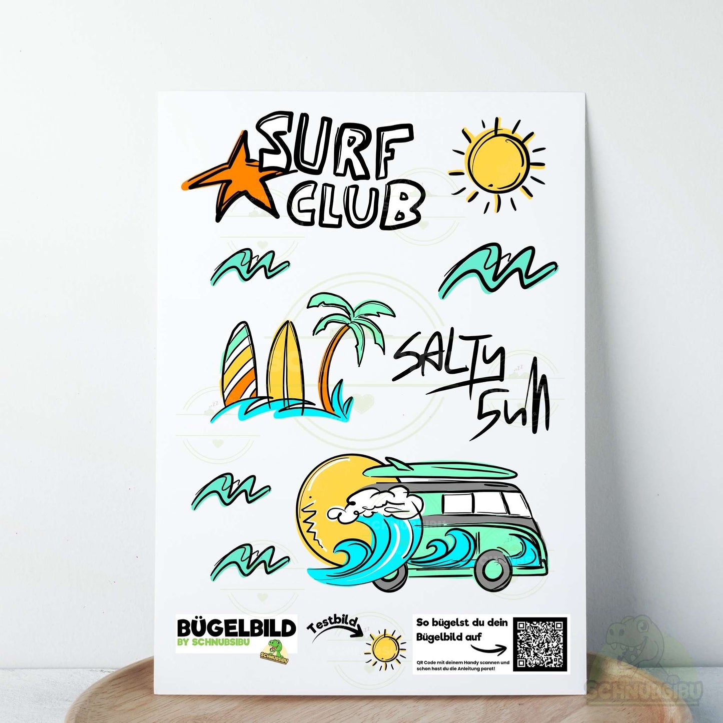 Bügelbild Set „Surfclub türkis (A5 Bogen)" – coole Sommermotive für dein DIY-Projekt | Schnubsibu