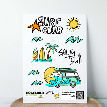 Bügelbild Set „Surfclub türkis (A5 Bogen)" – coole Sommermotive für dein DIY-Projekt | Schnubsibu