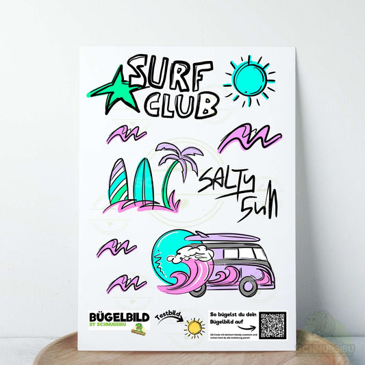 Bügelbild Set „Surfclub lila (A5 Bogen)" – coole Sommermotive für dein DIY-Projekt | Schnubsibu