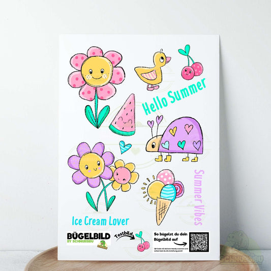 Bügelbild Set „Bunter Sommer (A5 Bogen)" – süße Sommermotive für dein DIY-Projekt | Schnubsibu