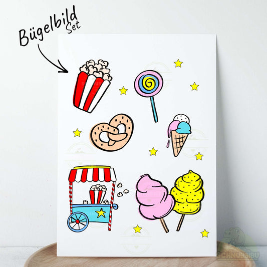 Bügelbild Set „Kirmeszeit - Popcornwagen" – cooles Set für dein nächstes DIY-Projekt | Schnubsibu
