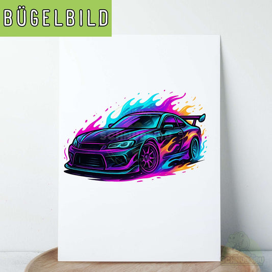 Bügelbild „Racing Car Lila-türkis" – dynamisches Fahrzeugmotiv mit Power & Style | Schnubsibu