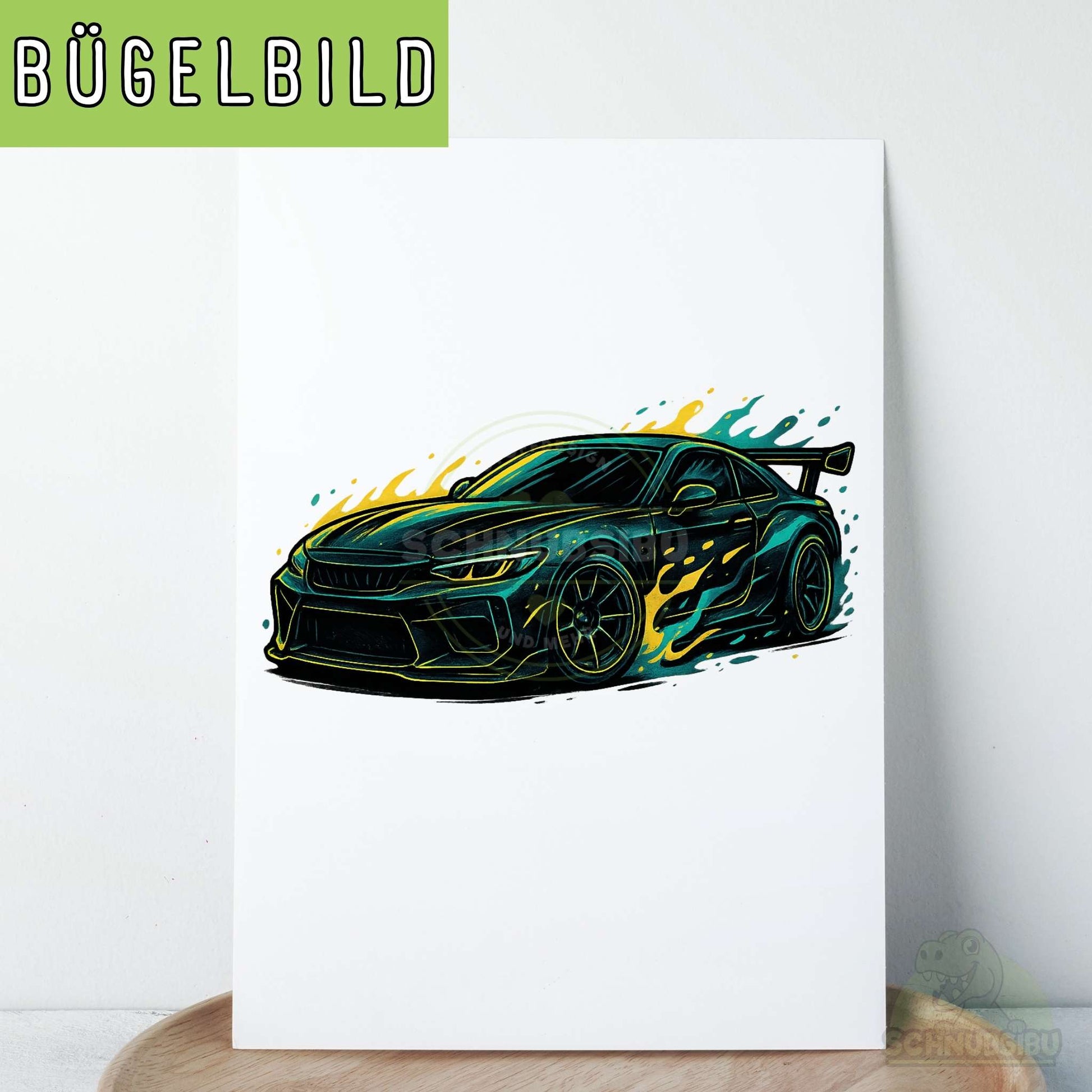 schnubsibu- schnubsibu-titelbild-buegelbildw-rennauto-tuerkisgelb -