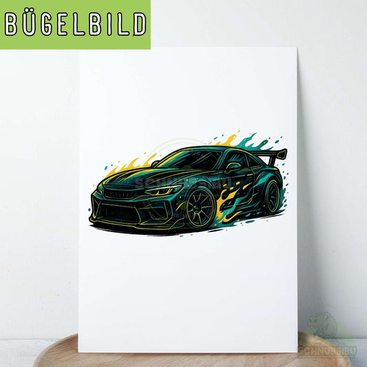 schnubsibu- schnubsibu-titelbild-buegelbildw-rennauto-tuerkisgelb -