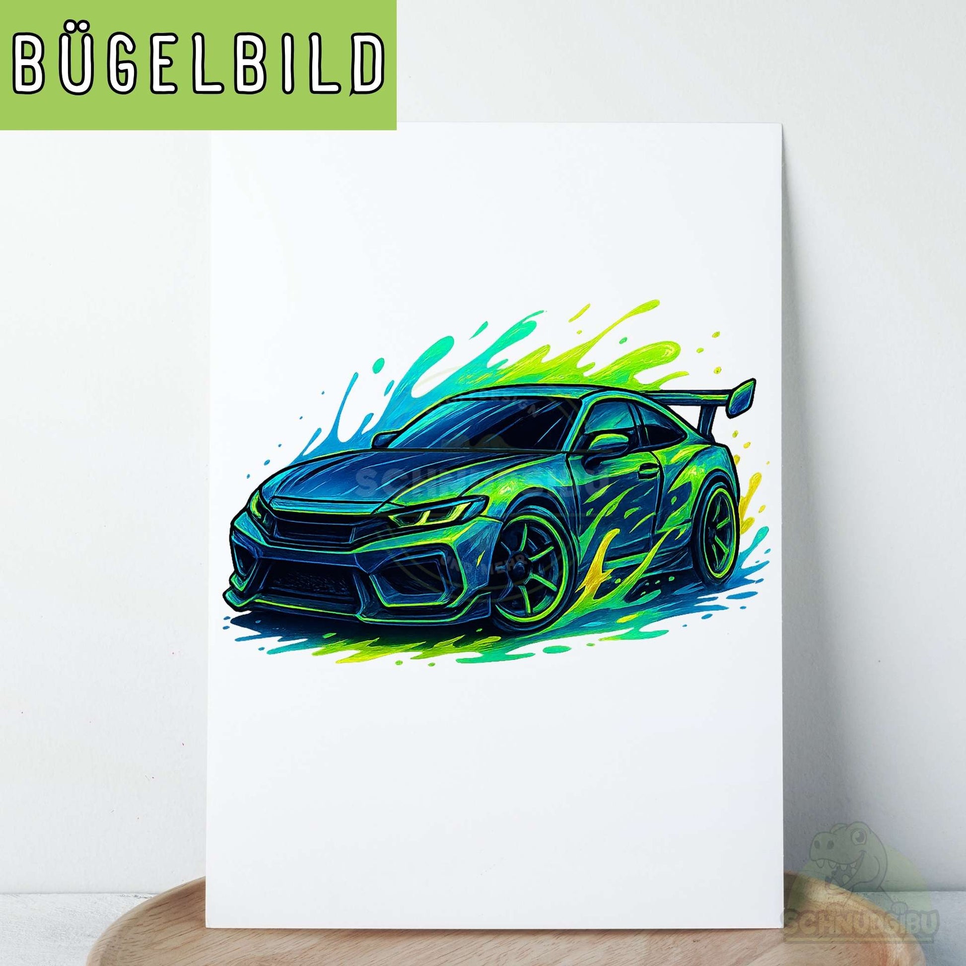schnubsibu- schnubsibu-titelbild-buegelbildw-rennauto-tuerkisgruen -