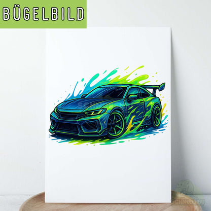 schnubsibu- schnubsibu-titelbild-buegelbildw-rennauto-tuerkisgruen -