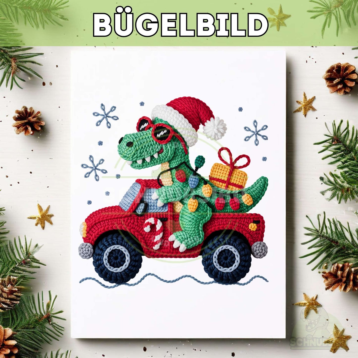 schnubsibu- titelbild-buegelbildw-gestrickt-weihnachtsdino-im-auto -
