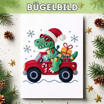 schnubsibu- titelbild-buegelbildw-gestrickt-weihnachtsdino-im-auto -